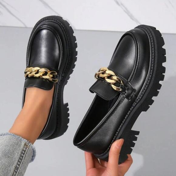 SHEIN Chain Decor Slip On Wedge Loafer Flatform Shoe Black sz 8 (CN40) - Picture 16 of 16